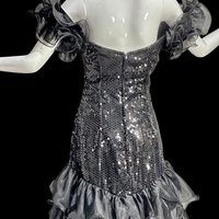 1980s vintage prom dress, Black and silver sequins, hi low ruffled off the shoulder evening gown