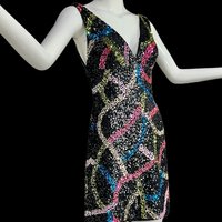 SCALA 1990s vintage sequin cocktail slip dress, Black silk jewel tone sequin Mini Dress