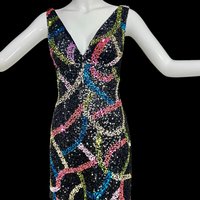 SCALA 1990s vintage sequin cocktail slip dress, Black silk jewel tone sequin Mini Dress