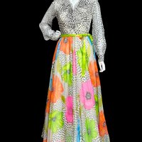 JACK BRYAN DUPUIS, vintage 1970s maxi dress, ruffles bishop sleeves, black white polka dots neon poppies, Palm Royale