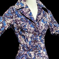 FIVE BELIEVER'S BATIK, vintage 1970s set, cotton cropped top shirt and maxi skirt, blue purple floral art to wear