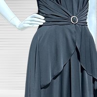 FRANK USHER 1970s vintage evening dress, Black Jersey knit Halter disco prom Dress, Bustier bodice and Long Peplum skirt