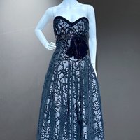 ANN LAWRENCE for MARTHA 1980s vintage evening dress ball gown, Black strapless velvet burnout