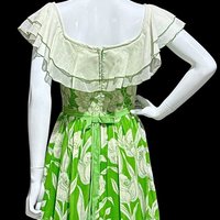 1970s vintage maxi Dress, Off shoulder sheer green floral and white organza ruffled collar evening party dress