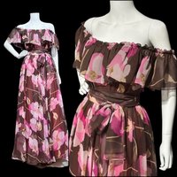 MIGNON NY 1970s vintage floral gown, Chocolate Brown Hot Pink Floral Chiffon maxi dress, Ruffle Romantic off shoulder garden party dress