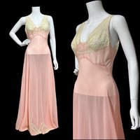 ELIZABETH ARDEN vintage 1940s nightgown, dusty pink sheer full length sleep dress, Old Hollywood night gown