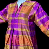 JIM THOMPSON vintage 1970s Thai silk caftan dress, Purple and bronze silk striped Hippie Boho Dress