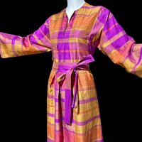 JIM THOMPSON vintage 1970s Thai silk caftan dress, Purple and bronze silk striped Hippie Boho Dress
