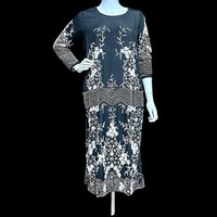 HOUSE OF ADAIR vintage 1920s dress, black and white shift beaded flapper dress, heavy beading with long sleeves