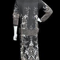 HOUSE OF ADAIR vintage 1920s dress, black and white shift beaded flapper dress