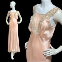 1940s vintage Silk Nightgown slip dress, Peachy Pink bias cut lace slip dress, full length 38 bust