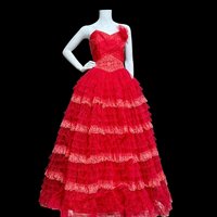 1950s vintage prom dress, Lipstick Red tulle cupcake evening gown, cocktail party dress, tiered and ruffled full circle net skirt