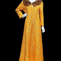 MALOUF PERFECT NEGLIGEE vintage evening dressing gown, orange gold metallic brocade shift dressing gown robe, front zip mink fur trim, 40 bust