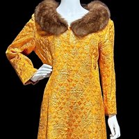 MALOUF PERFECT NEGLIGEE vintage evening dressing gown, orange gold metallic brocade shift dressing gown robe