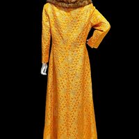 MALOUF PERFECT NEGLIGEE vintage evening dressing gown, orange gold metallic brocade shift dressing gown robe