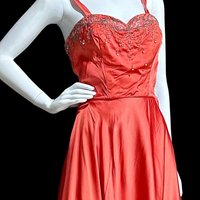 JULIUS GARFINCKEL & CO, 1940s vintage evening gown, Coppery Coral Shiny Silky Liquid Satin Beaded Evening Dress, 34 bust