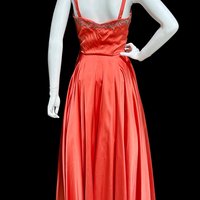 JULIUS GARFINCKEL & CO, 1940s vintage evening gown, Coppery Coral Shiny Silky Liquid Satin Beaded Evening Dress, 34 bust