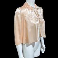 1940s vintage bed night jacket, Shiny pale pink satin with cut work and embroidery evening jacket