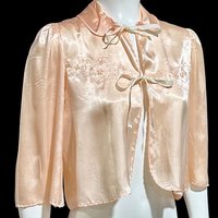 1940s vintage bed night jacket, Shiny pale pink satin with cut work and embroidery evening jacket