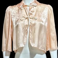 1940s vintage bed night jacket, Shiny pale pink satin with cut work and embroidery evening jacket