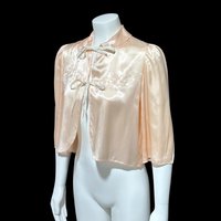 1940s vintage bed night jacket, Shiny pale pink satin with cut work and embroidery evening jacket