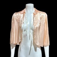 1940s vintage bed night jacket, Shiny pale pink satin with cut work and embroidery evening jacket