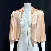 1940s vintage bed night jacket, Shiny pale pink satin with cut work and embroidery evening jacket