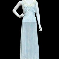 SAAB from I.MAGNIN vintage 1940s nightgown, palest blue floral sheer full length slip dress, Old Hollywood sheer watercolor gown