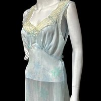 SAAB from I.MAGNIN vintage 1940s nightgown, palest blue floral sheer full length slip dress, Old Hollywood sheer watercolor gown