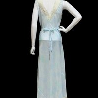 SAAB from I.MAGNIN vintage 1940s nightgown, palest blue floral sheer full length slip dress, Old Hollywood sheer watercolor gown