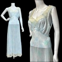 SAAB from I.MAGNIN vintage 1940s nightgown, palest blue floral sheer full length slip dress, Old Hollywood sheer watercolor gown