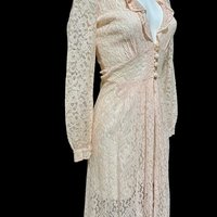 FLOBERT vintage 1940s dressing gown, pink sheer see through lace button front peignoir housecoat, ruffled collar