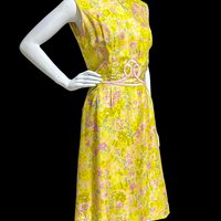 FRANKLIN SHOPS, vintage 1960s dress set, Custom Made 2pc Yellow floral Dinner Ensemble