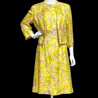 FRANKLIN SHOPS, vintage 1960s dress set, Custom Made 2pc Yellow floral Dinner Ensemble, evening suit, 38 bust