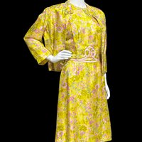 FRANKLIN SHOPS, vintage 1960s dress set, Custom Made 2pc Yellow floral Dinner Ensemble