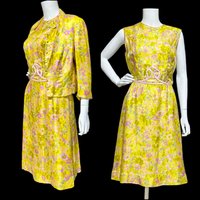 FRANKLIN SHOPS, vintage 1960s dress set, Custom Made 2pc Yellow floral Dinner Ensemble