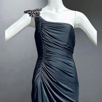 EUGENE ALEXANDER 1980s vintage evening gown, Slinky Black silky sheath party cocktail dress, One Shoulder Grecian Goddess Ruched gown