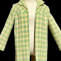 1960s vintage mod duster coat, Open front walking coat, green yellow herringbone tweed, 36 bust