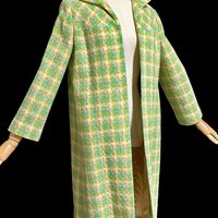 1960s vintage mod duster coat, Open front walking coat, green yellow herringbone tweed, 36 bust