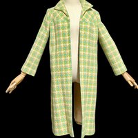 1960s vintage mod duster coat, Open front walking coat, green yellow herringbone tweed, 36 bust