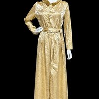 FLOBERT 1940s vintage dressing gown, shiny gold metallic damask button front housecoat hostess dress, 36 bust