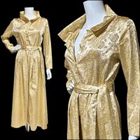 FLOBERT 1940s vintage dressing gown, shiny gold metallic damask button front housecoat hostess dress, 36 bust