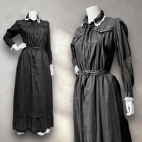 BIBERMAN'S MADE Antique Chore Work Dress, 1800s Black and White dot cotton Prairie day dress, 36 bust