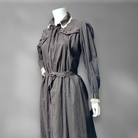 BIBERMAN'S MADE Antique Chore Work Dress, 1800s Black and White dot cotton Prairie day dress, 36 bust