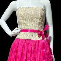 RICHILENE for Lord & Taylor, 1980s vintage evening dress, strapless white beaded top hot pink polka dot