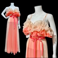VANITY FAIR, 1950s vintage nightgown slip dress, peach and coral sheer chiffon ruffles Grecian goddess gown. 36 bust
