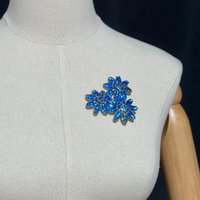 1950s vintage flower brooch pin, blue rhinestone jelly belly large flower trio for lapel hat or scarf