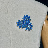 1950s vintage flower brooch pin, blue rhinestone jelly belly large flower trio for lapel hat or scarf