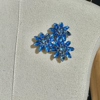 1950s vintage flower brooch pin, blue rhinestone jelly belly large flower trio for lapel hat or scarf