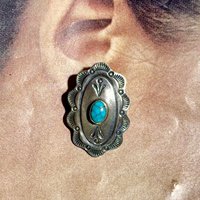 Navajo sterling silver and turquoise vintage earrings, Concho style southwestern native American clip on earrings, artist unknown